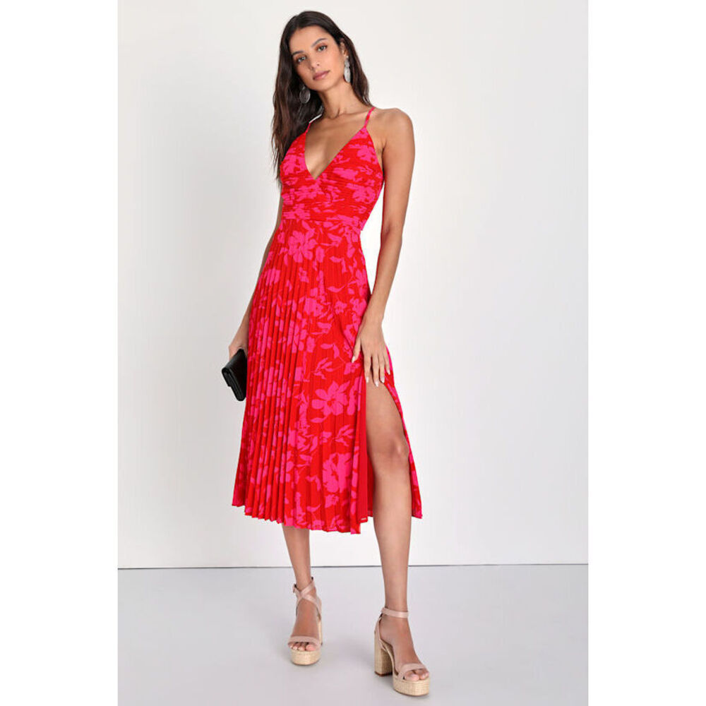 Lulus Vibrant Moment Red And Pink Floral Pleated Lace-up Midi Dress - Size M